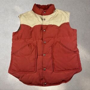 VTG 70s William Barry Goose Down Puffer Vest Medium Red Western Yoke Snap USA